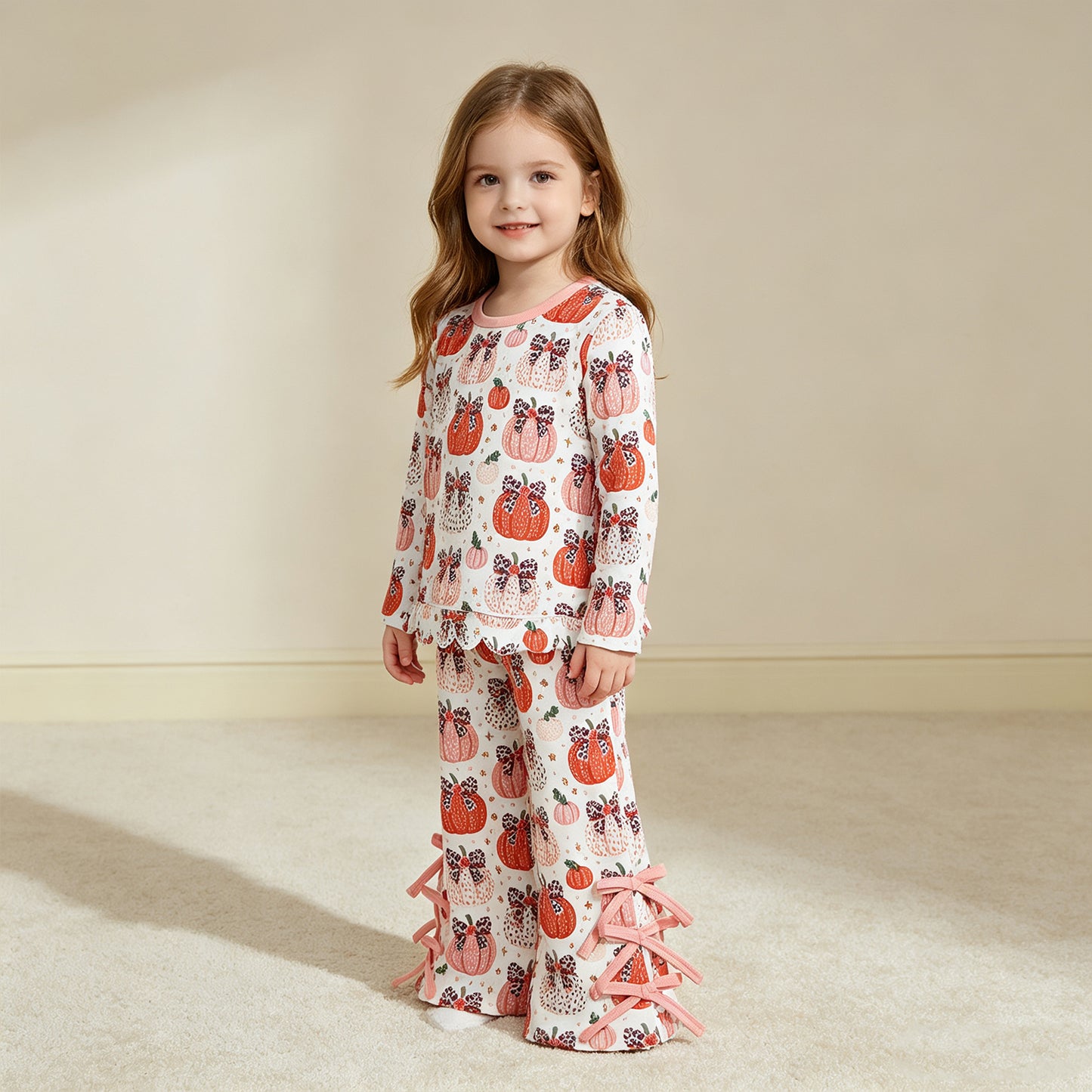RTS NO MOQ milk silk GLP3435 Baby Girls Leopard Bows Pumpkins Scallop Top Bows Pants Fall Clothes Set