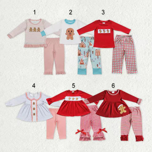 9.18 RTS Sibling Baby Boys Girls Embroidery Hats Gingerbread Top Pants Christmas Clothes Sets