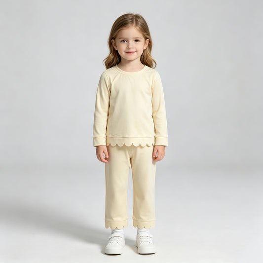 GLP3293 RTS NO MOQ （In stock）Yellow cotton long sleeves scallop girls fall pajamas set