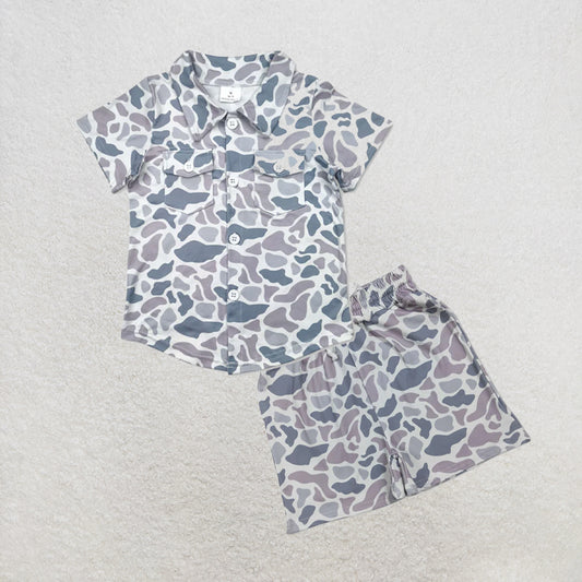 5.13 RTS NO MOQ （In stock）BT1202+SS0730 Grey camo pockets kids boys button down short shirt outfits