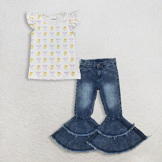 3.9 RTS NO MOQ （In stock）GT1147 + C5-15 Baby Girls Yellow Lavender Bows Plaid Tee Shirts Top Denim Pants Jeans Clothes Sets