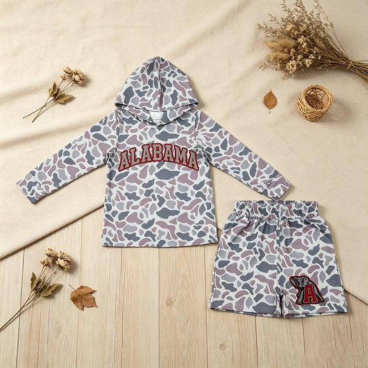RTS NO MOQ milk silk BLS0044 Baby Boys Light Grey Camo Alabama Long Sleeve Hoodie Pockets Short Team Clothes Set