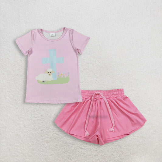3.5 RTS NO MOQ （In stock）GT1394 + SS0546 Baby Girls Pink Short Sleeve Cross Sheep Easter T-shirts Top Summer Shorts Bottoms