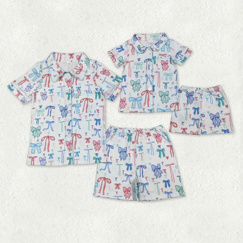 11.8 RTS Silbing Mama and Me Colorful Bows Pocket Button Top Shorts Pajamas Sets