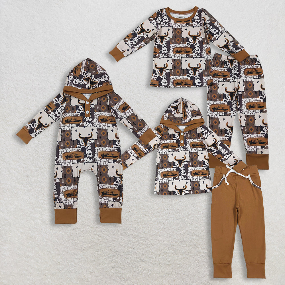 11.19 RTS Sibling Baby Boys Aztec Bull Skull Western Clothes Sets Hoodies Footie Rompers