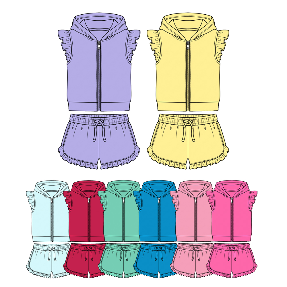 4.7 Pre order No Moq Baby Girls Zipper Hoodie Jacket Ruffle Shorts Clothes Set