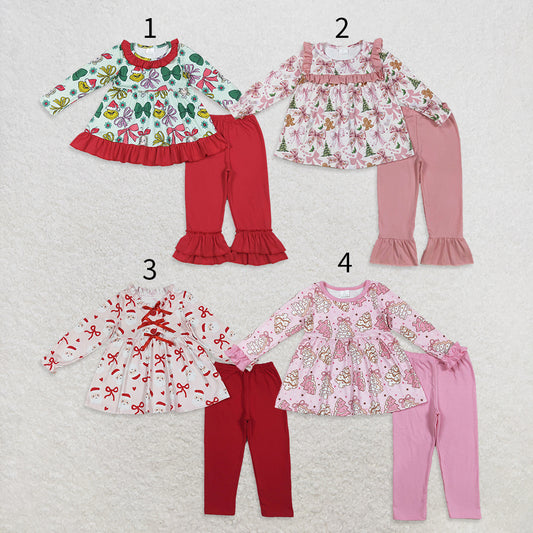 10.1 RTS Sibling Baby Girls Long Ruffle Sleeves Santa Trees Bows Tunic Pants Christmas Clothes Sets