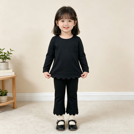 GLP3290 RTS NO MOQ （In stock）cotton  Baby Girls Black Scallop Trim Long Sleeve Top And Pants Pajama Set