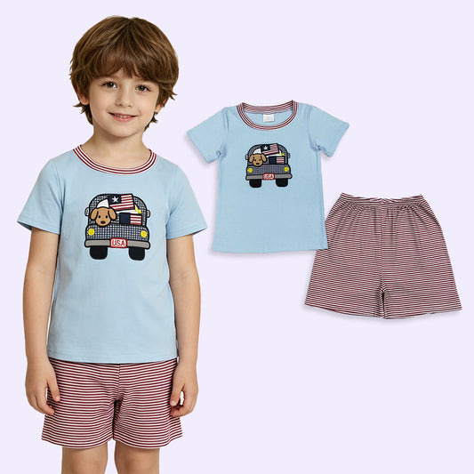 BSSO1918 RTS NO MOQ （In stock ）Dog flag truck embroidery kids boys 4th of july outfits