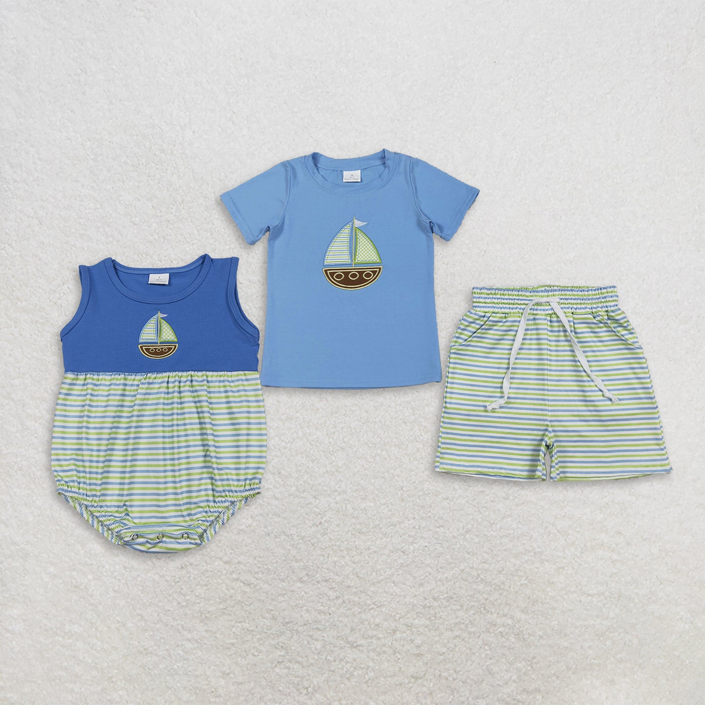 RTS Sibling Short sleeves boat embroidery top stripe shorts boys outfits and romper