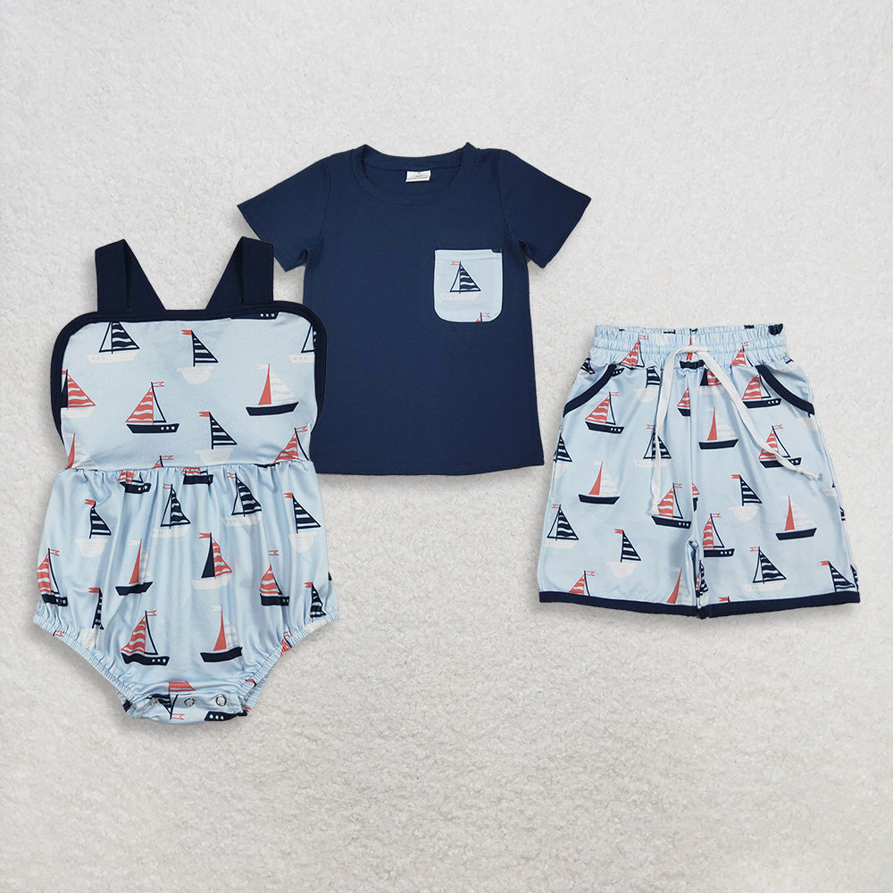4.3 RTS Sibling Navy short sleeves top boat shorts kids boys summer outfits and girls romper