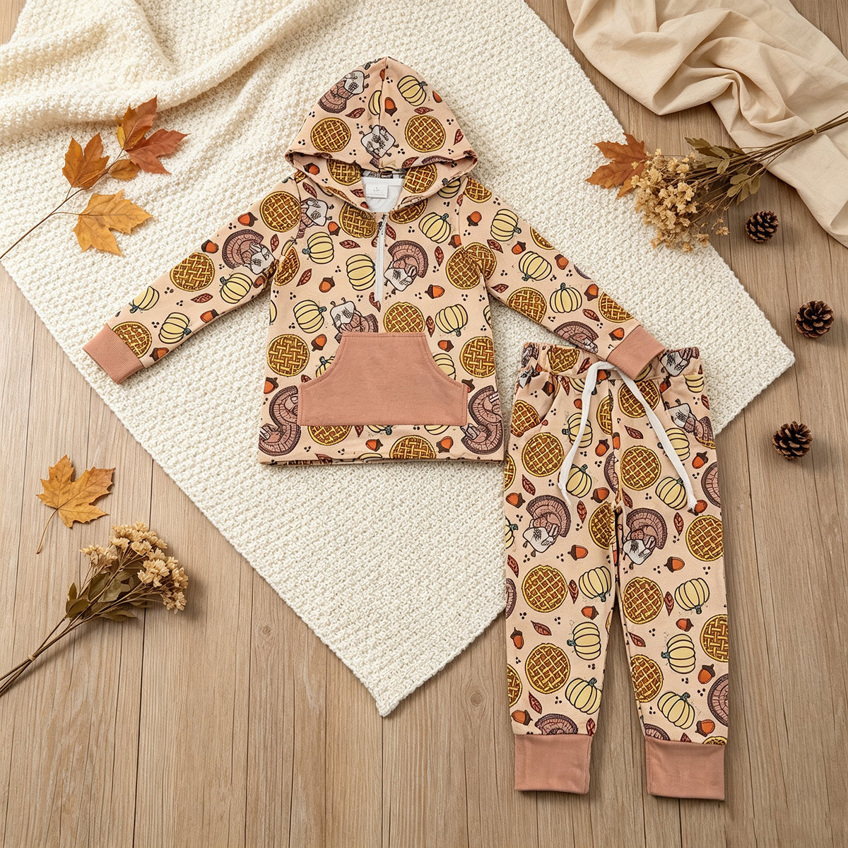 RTS NO MOQ milk silk BLP1504 Baby Boys Pumpkins Turkey Zip Pickets Hoodie Joggers Thanksgivings Clothes Set