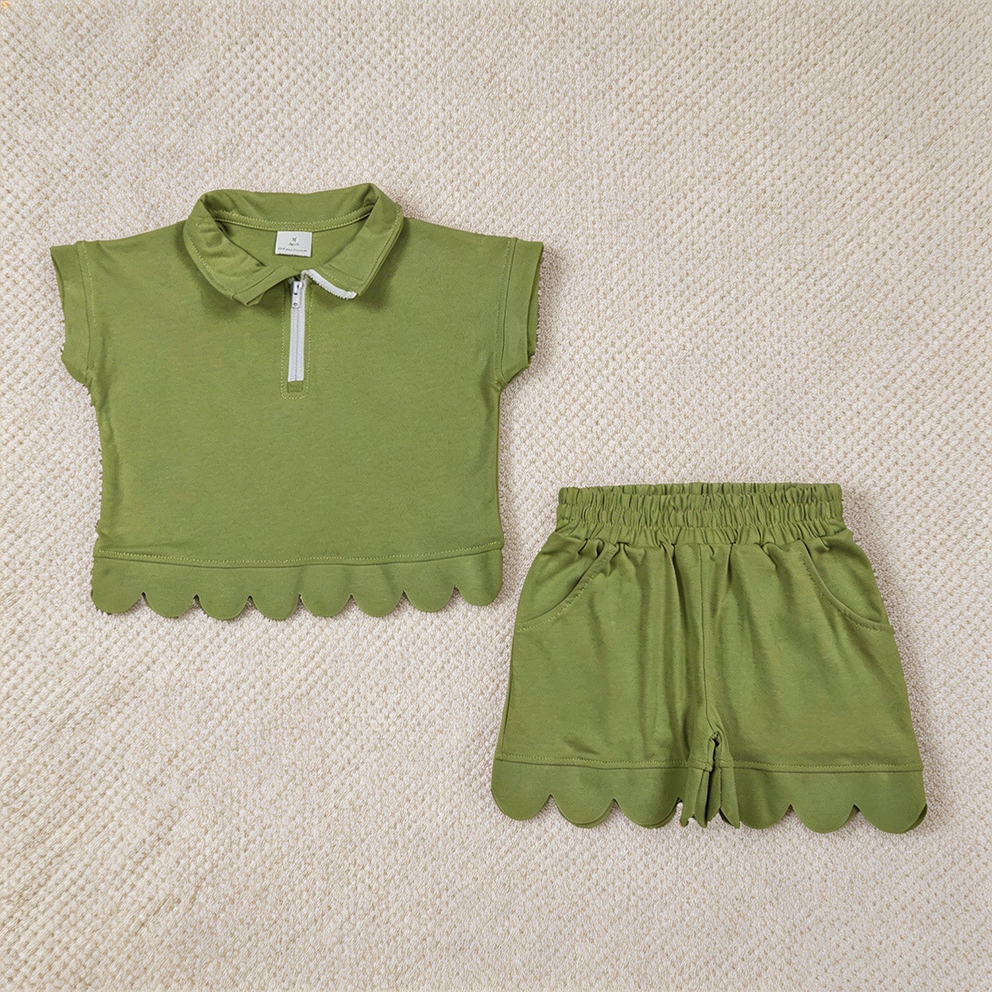 GSSO3375 RTS NO MOQ （In stock ）Green scallop pullover shorts girls summer outfits