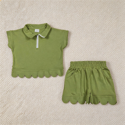 GSSO3375 RTS NO MOQ （In stock ）Green scallop pullover shorts girls summer outfits