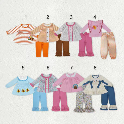 9.19 RTS Sibling Baby Girls Embroidery Turkey Pie Pumpkins Tunic Pants Thanksgiving Clothes Sets