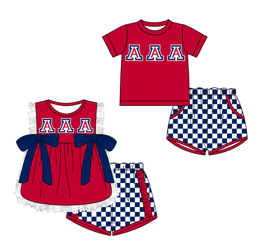 CUSTOM MOQ 5 Cute Comfortable Clothing For Kids Sibling Boys Baby Girls Summer Red Bow Top Blue Checked Shorts Team Clothes Sets