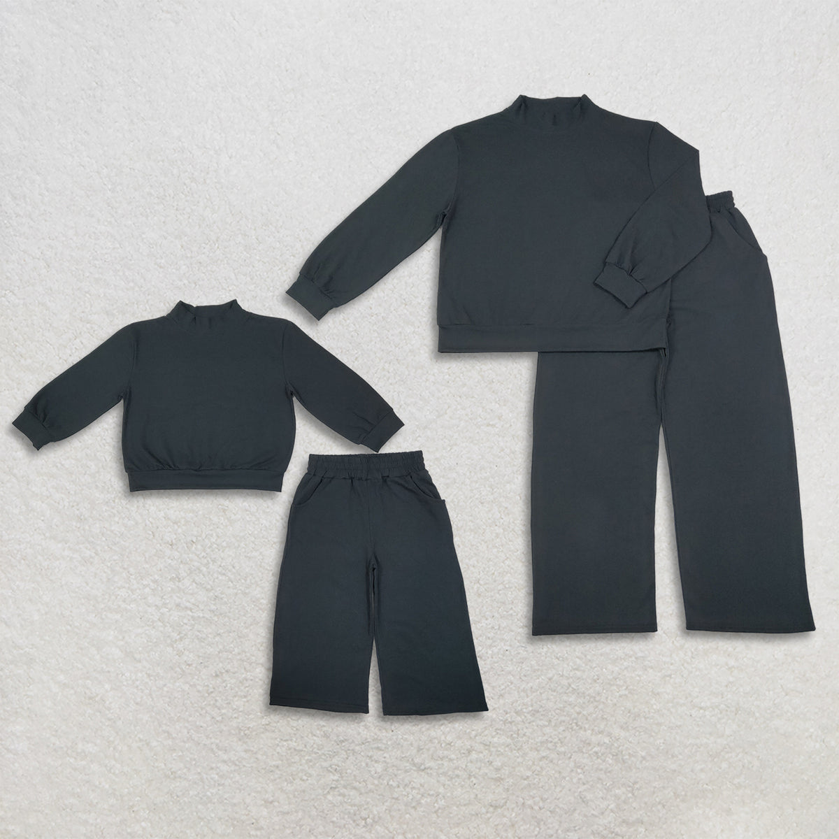 RTS NO MOQ Sibling cotton Adult To Match Kids High Neck Black Mock Neck Long Sleeve Top Wide Leg Pants Set
