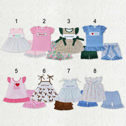 10.4 RTS Sibling Baby Girls Embroidery I Love Dad Top Ruffle Shorts Clothes Set