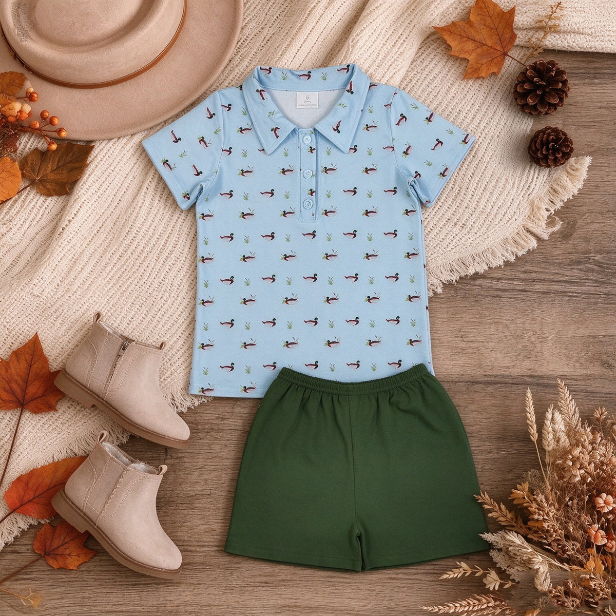 RTS NO MOQ （In stock）milk silk BSSO2041 Baby Boys Short Sleeve Duck Print Plaid Button Polo Top Shorts Set