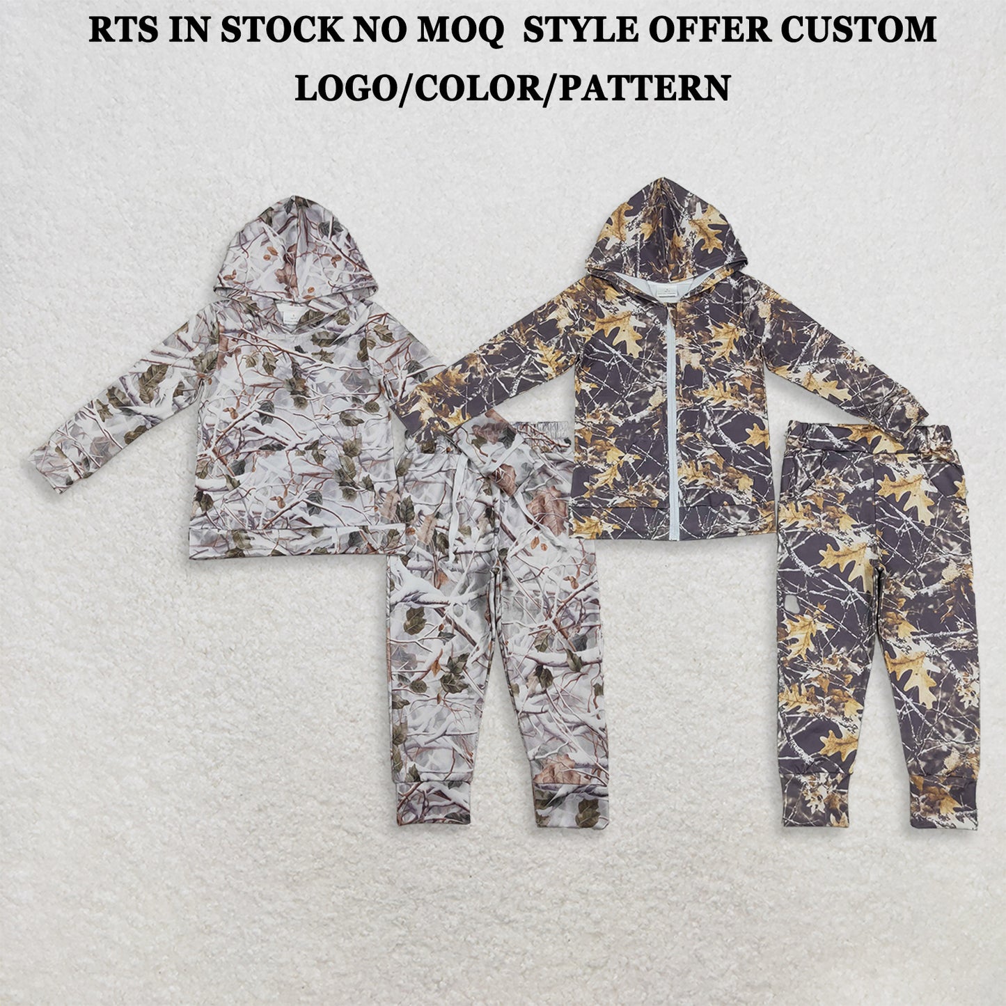 RTS NO MOQ Sibling milk silk Baby Boys Camo Pockets Hoodie Jogger Clothes Sets