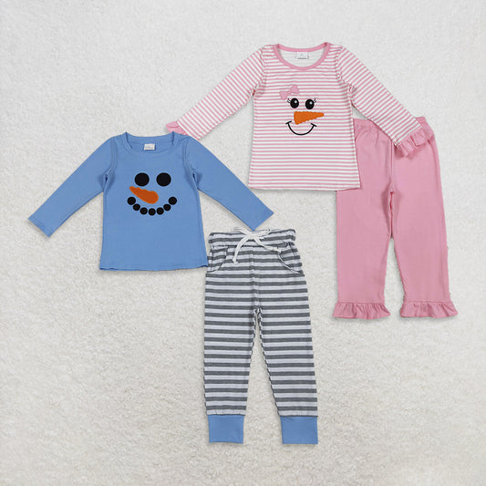 RTS Sibling Baby Stripe Snowman Bow Top Pants Pajamas Soft Comfortable Sleepwear for Kids