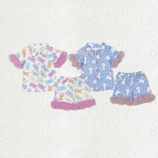 2.10 RTS Sibling Baby Girls Summer Easter Rabbits Bows Fur Shirts Shorts Pajamas