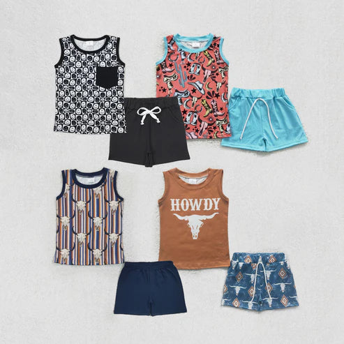 11.8 RTS Sibling Baby Boys Sleeveless Tee Shirt Top Smiles Western Howdy Shorts Clothes Sets