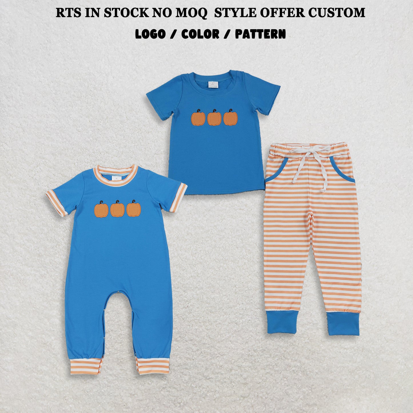 RTS NO MOQ Sibling milk silk Baby Boys Embroidery Pumpkins Short Sleeve Stripe Pockets Jogger Fall Clothes Sets Rompers