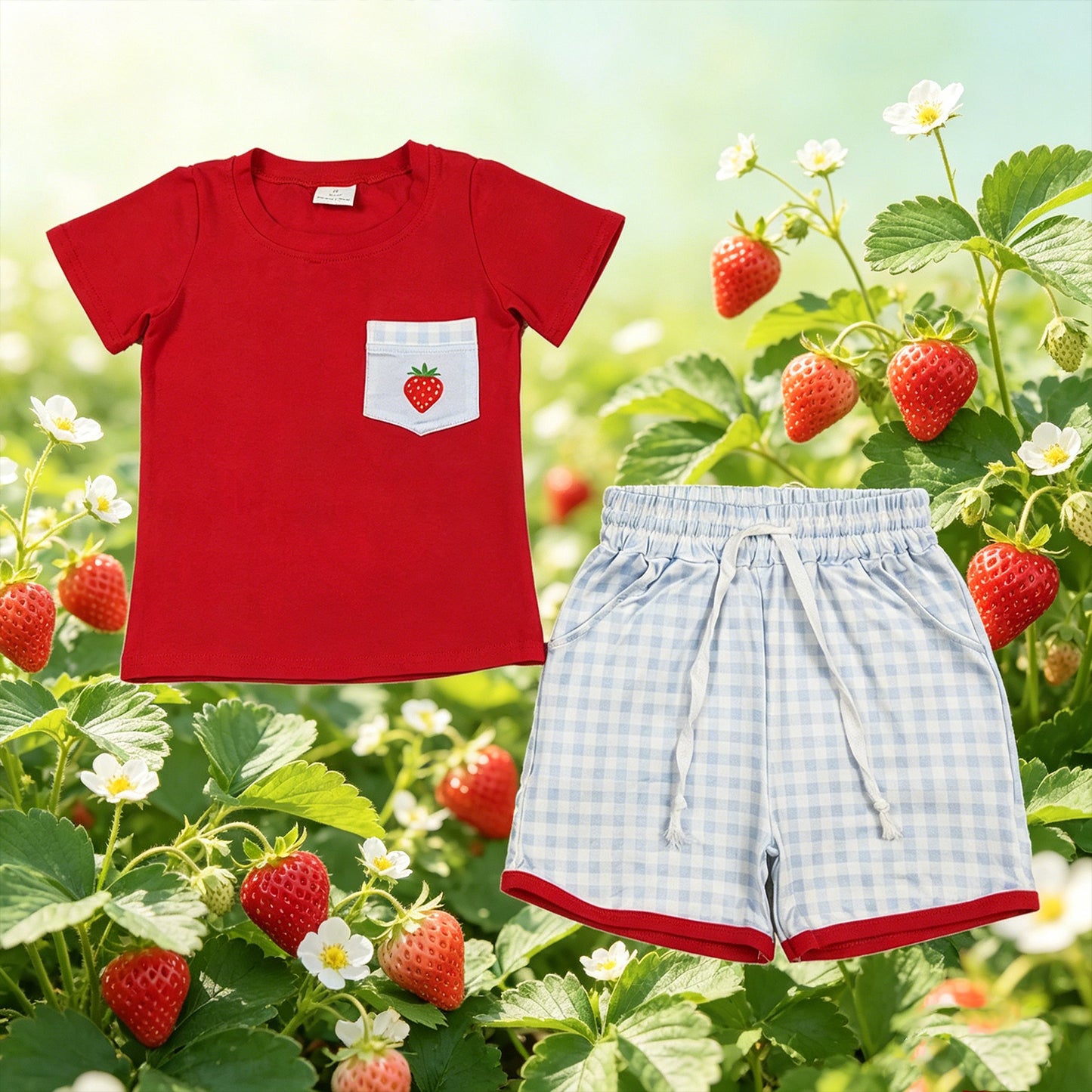 BSSO1692 RTS NO MOQ （In stock ）Short sleeves strawberry pocket top plaid shorts boys outfits