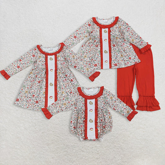 RTS Sibling Baby Girls Winter Outfits Girls Floral Santa Cookie Tunic Pants Christmas Outfit Dress Rompers Festive Holiday Clothing for Kids