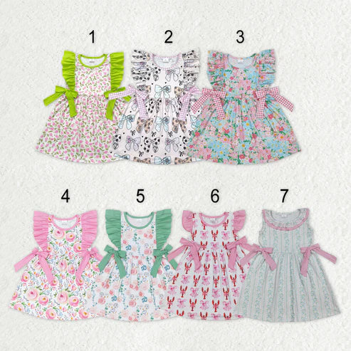 11.4 RST Sibling Baby Girls Sleeveless Flutter Sleeve Bows Flowers Plaid Knee Length Dresses