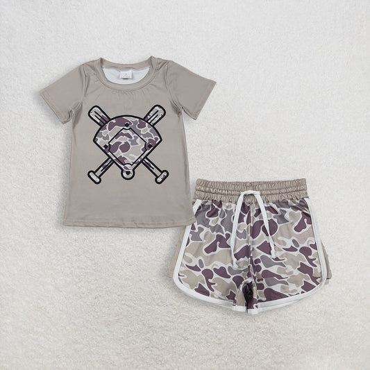 3.16 RTS NO MOQ （In stock）BT1417 + SS0738 Fashion Clothing For Baby Boys Grey Camo Baseball Short Sleeve Team T-shirts Shorts Bottom