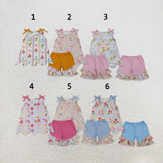 RTS Sibling Sibling Baby Girls Colorful Flowers Scallop Tunic Ruffle Short Clothes Sets