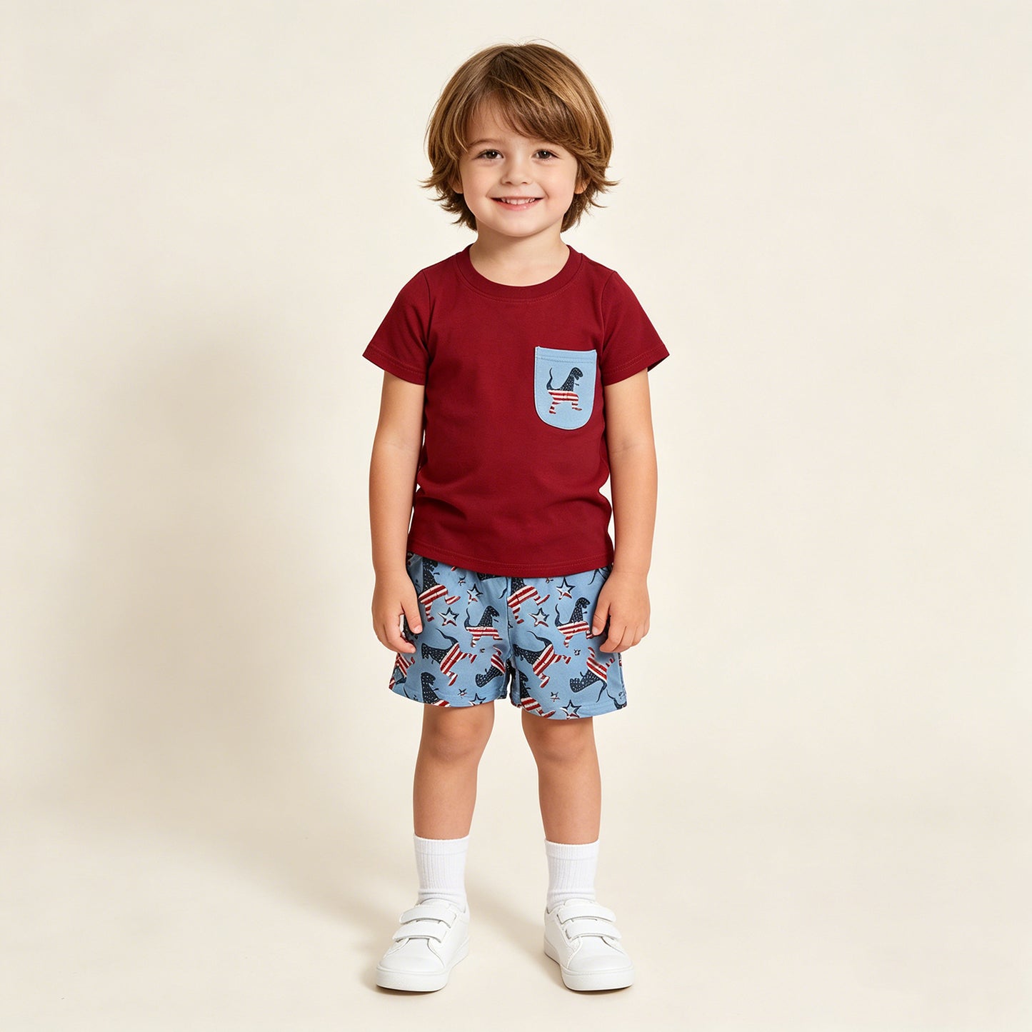 BSSO0519 RTS NO MOQ （In stock ）Red pocket top dinosaur shorts boys 4th of july clothes