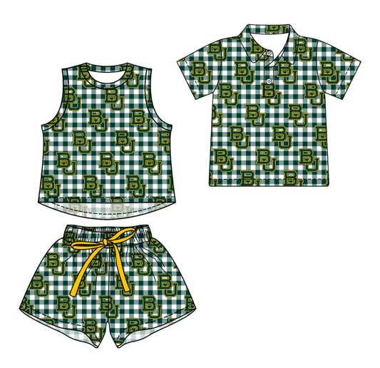 3.14 CUSTOM MOQ 5 Sibling Boys Baby Girls Summer Fashion Green Check BU Sleeveless Top Shorts Button Polo Shirts Team Clothes Sets