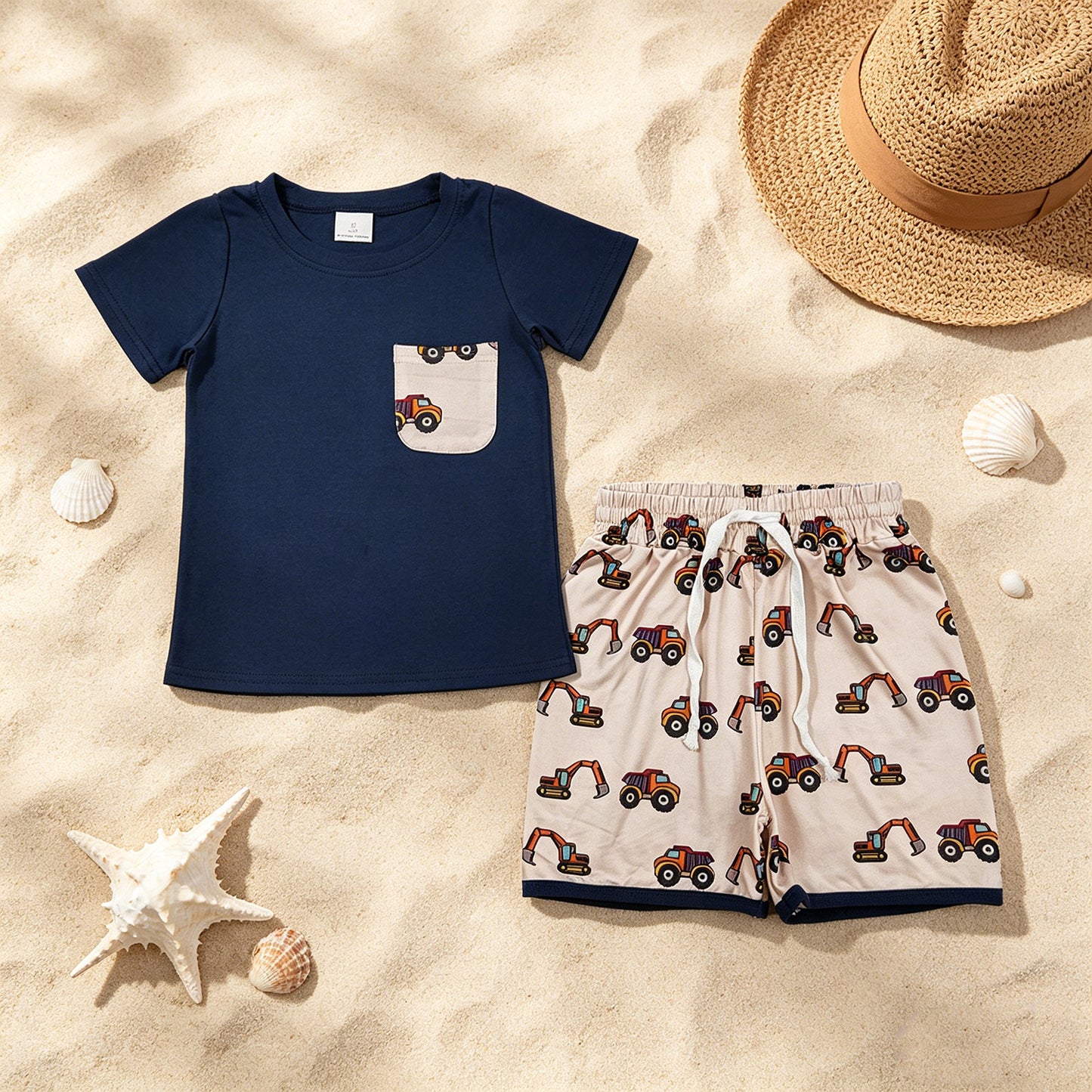 BSSO1364 RTS NO MOQ （In stock ）Baby Boys Navy Shirts Pocket Top Excavators Shorts Clothes