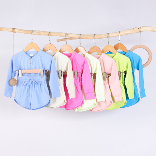 pre order  Light Blue Long Sleeve Yoga Top Shorts Set for Kids Girls - Comfortable Breathable Children's Active Wear