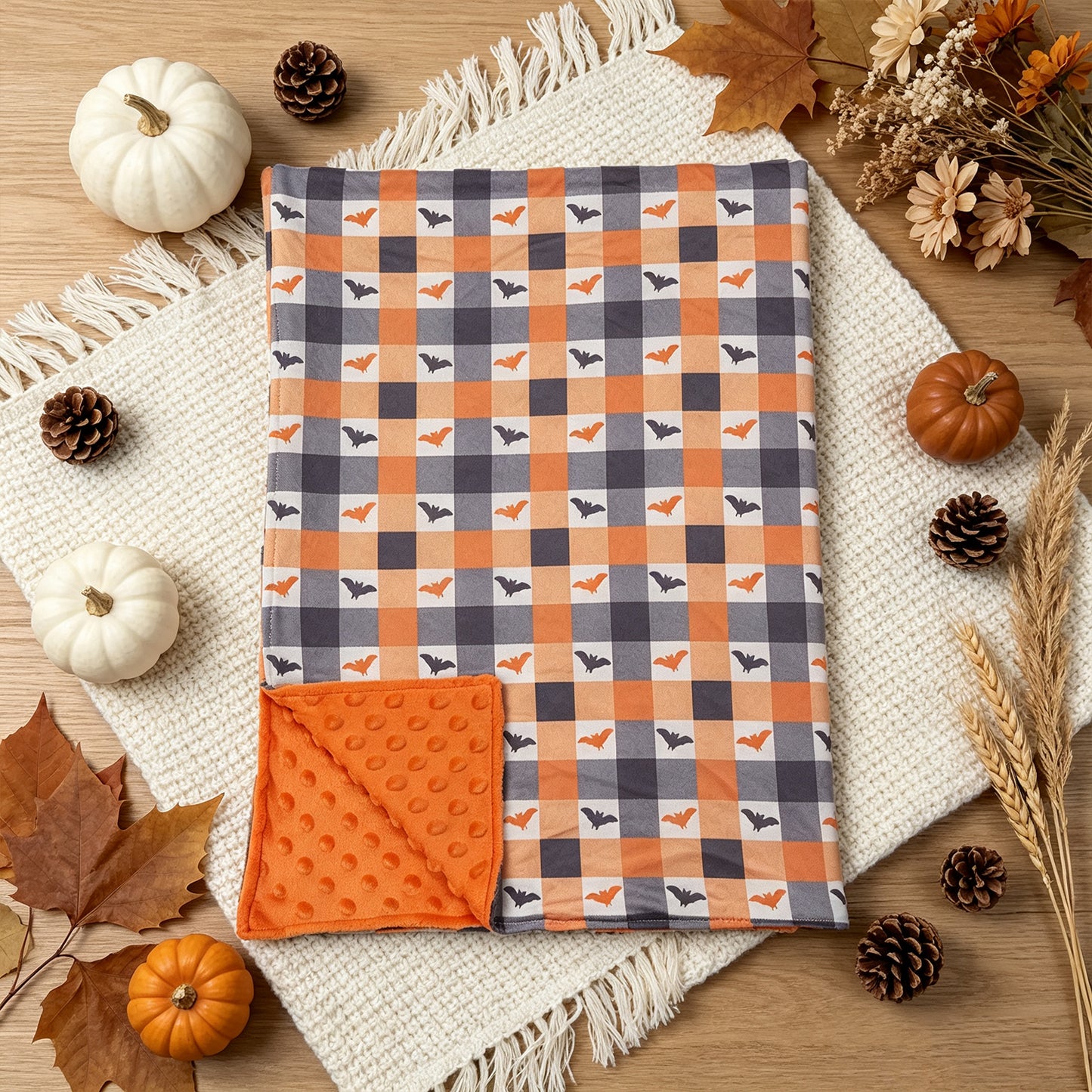BL0264 RTS NO MOQ （In stock）Orange plaid bat baby kids Halloween blanket