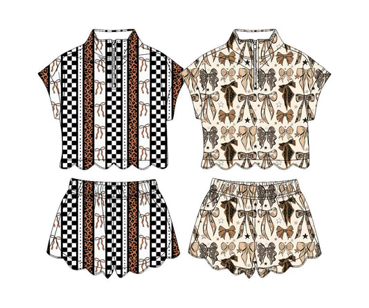 4.3 Pre order No Moq Baby Girls Leopard Bows Stripe Zipper Top Short Scallop Clothes Sets