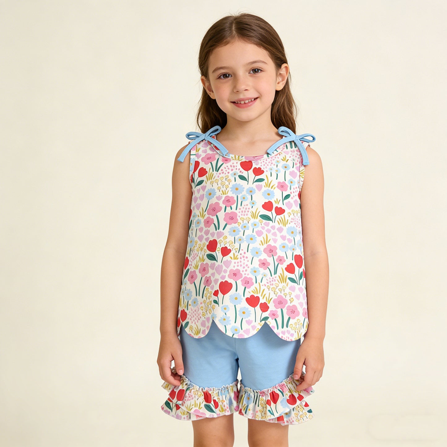 4.7 GSSO3390 RTS NO MOQ （In stock ）Baby Girls Sleeveless Colorful Flowers Scallop Tunic Ruffle Shorts Clothes Set