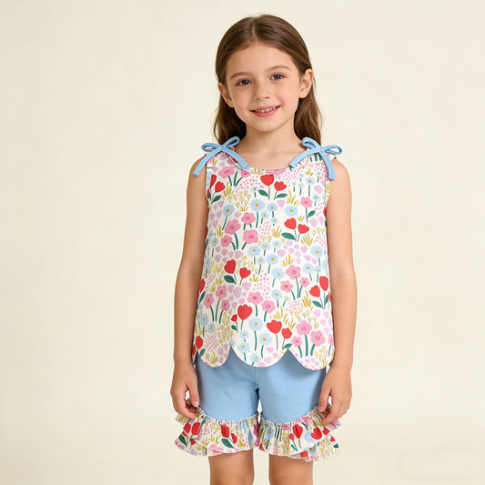 4.7 GSSO3390 RTS NO MOQ （In stock ）Baby Girls Sleeveless Colorful Flowers Scallop Tunic Ruffle Shorts Clothes Set