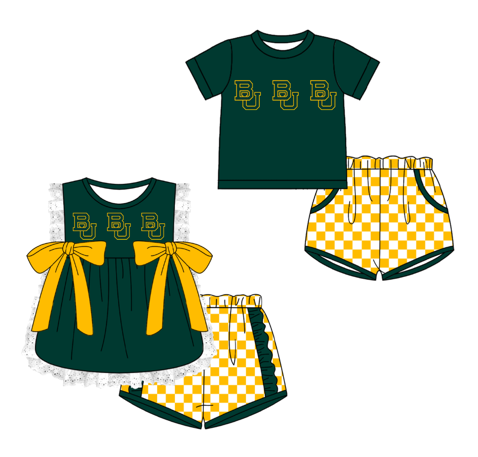 CUSTOM MOQ 5 Cute Comfortable Clothing For Kids Sibling Boys Baby Girls Summer Green Bow Top Yellow Checked Shorts Team Clothes Sets