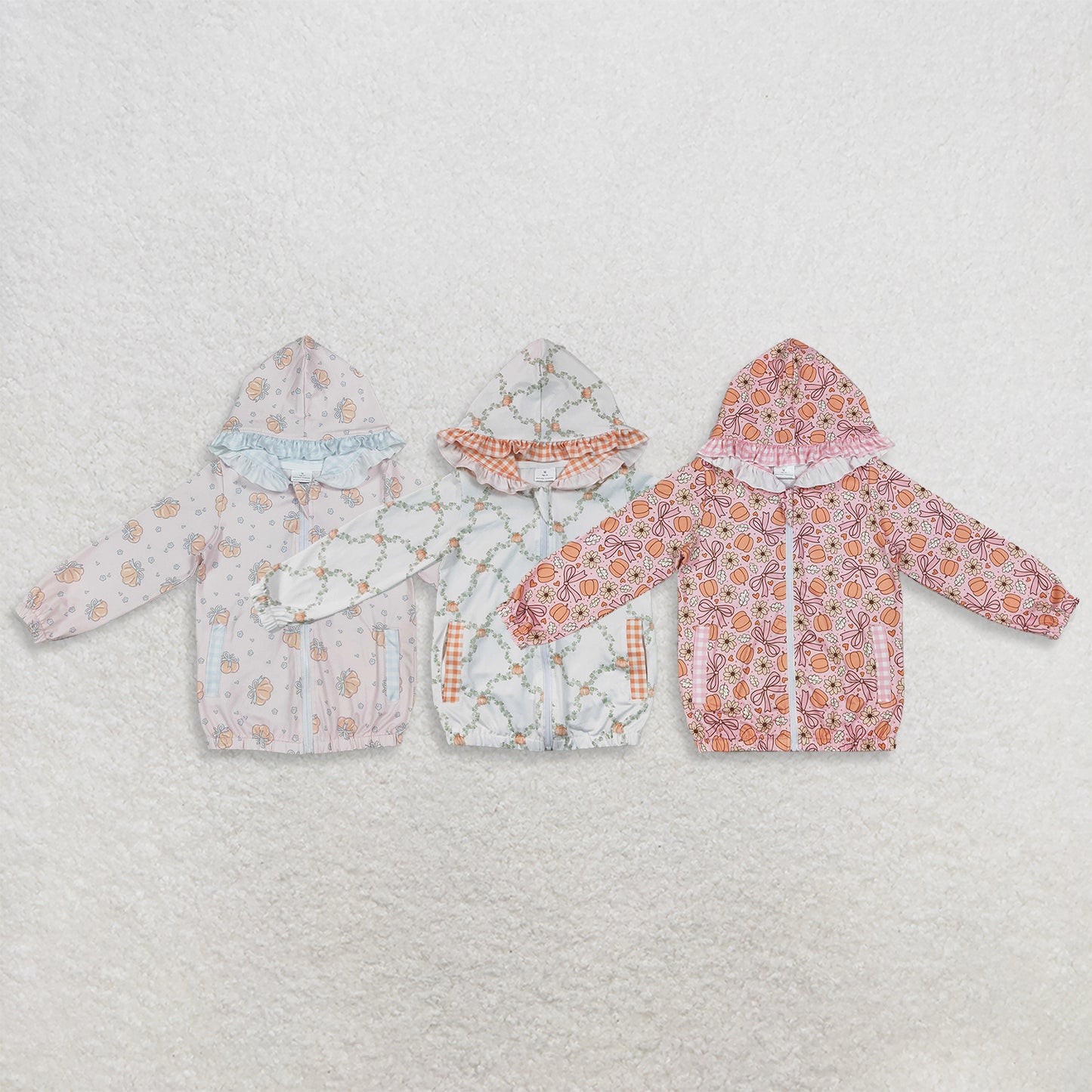RTS Sibling Pumpkin plaid pocket ruffle zipper girls fall hooded jacket