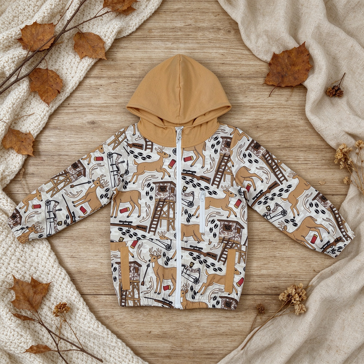 RTS NO MOQ （In stock）BT1567 milk silk BT1567 Baby Boys Khaki Deer Hunting Zipper Pockets Boys Hoodie Jacket Top