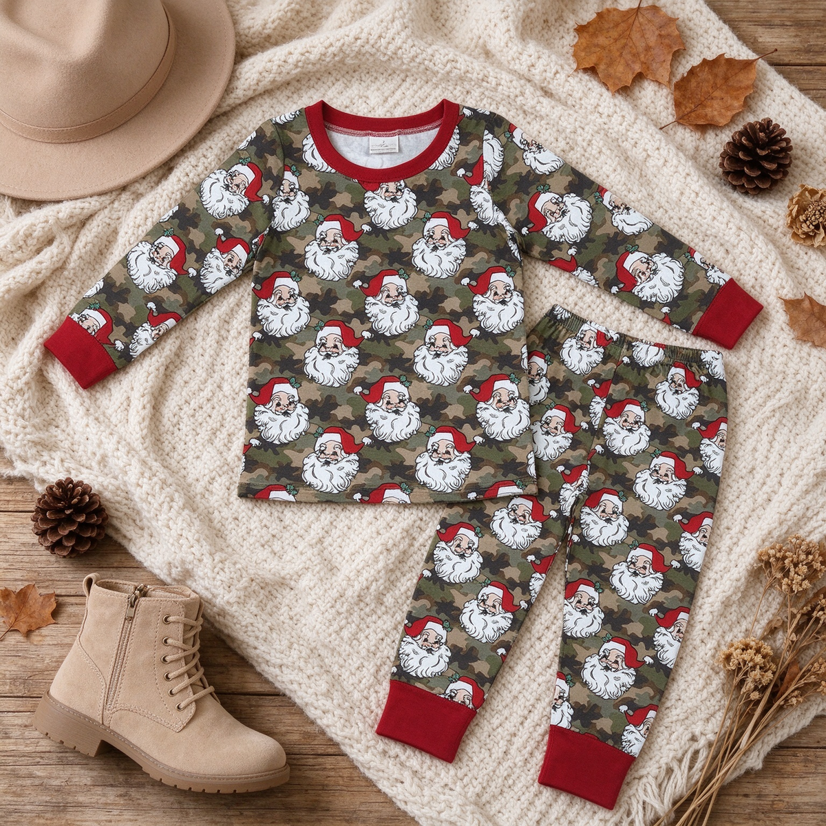 RTS NO MOQ （In stock）milk silk BLP1600 Baby Boys Green Camo Santa Print Long Sleeve Top Elastic Waist Pant Christmas Pajamas Sets