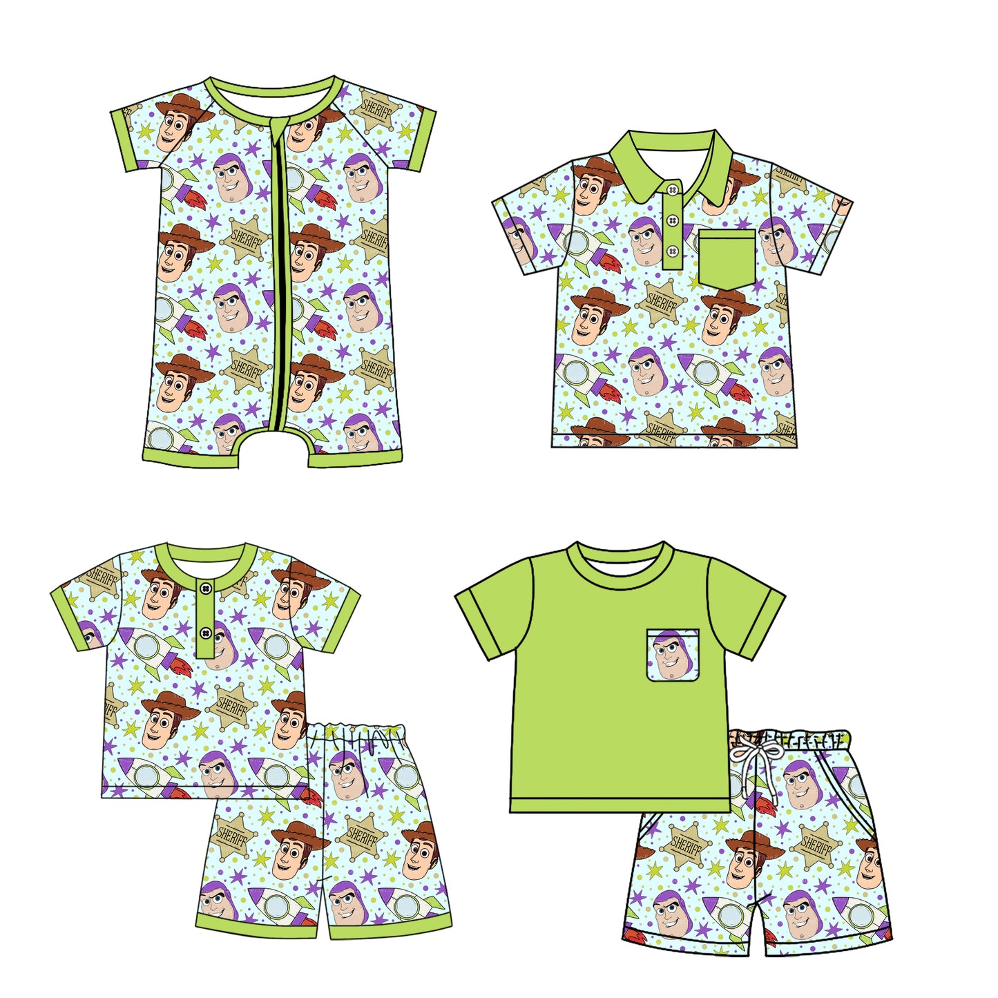 Cute Green Short-Sleeved Pocket Top and Shorts Combo for Kids Boys with Toy Surprises