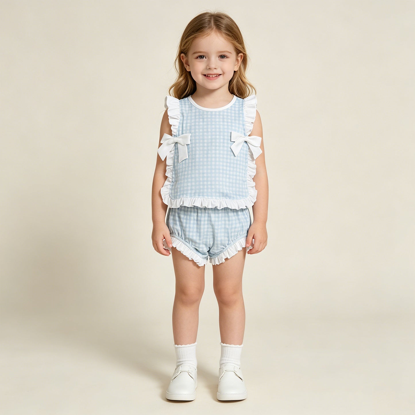 GBO0529 RTS NO MOQ （In stock）Baby Girls Light Blue Checked Bows Tunic Bummies Clothes Sets