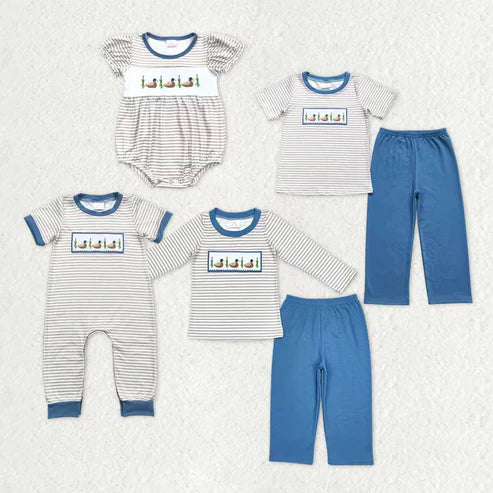 10.28 RTS Sibling Baby Boys Girls Embroidery Ducks Stripe Hunting Clothes Sets Rompers