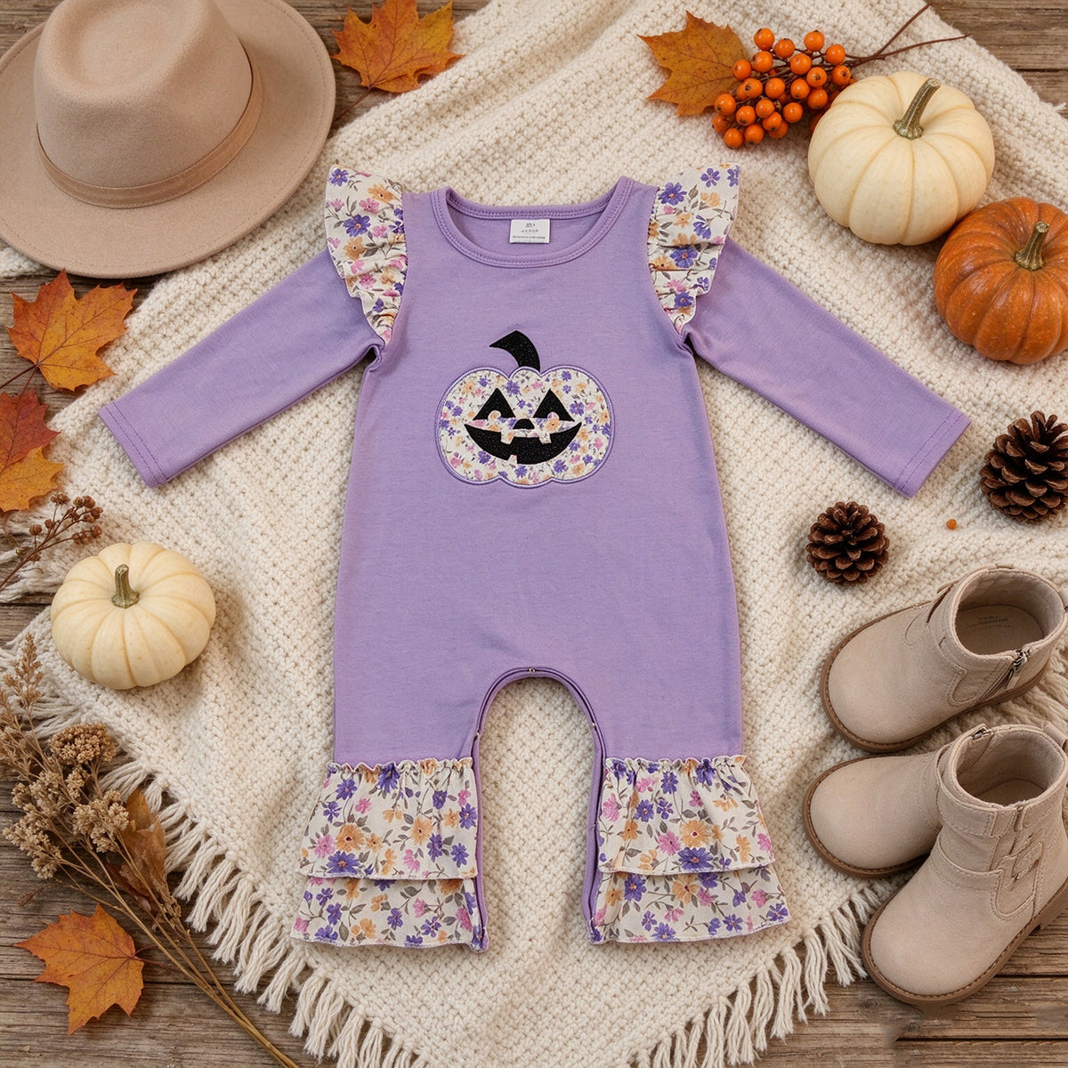 RTS NO MOQ （In stock）milk silk LR3221 Embroidery Flowers Ghost Pumpkin Baby Girls Halloween Ruffle Pant Rompers