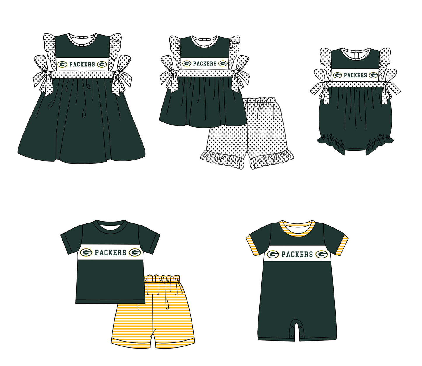CUSTOM MOQ 5 Sibling Baby KIds Green Top Shorts Clothes Set Knee Length Dress Rompers